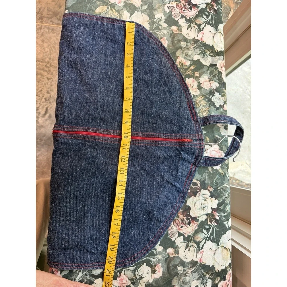 VTG 70s Denim Garment Bag Travel Suit Cover Red Zip Contrast Stitching 40x20